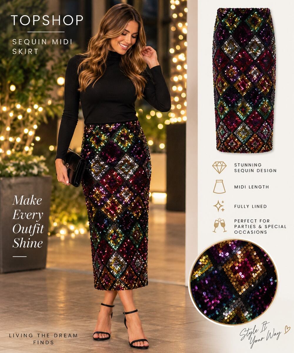 Topshop Women’s Size 8 Sequin Midi Skirt Multicolor Diamond Geometric Party